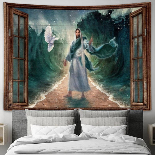 Deep Ocean, White Dove, Antique Window, Walking With Jesus Tapestry, Tapestries for Living Room Bedroom