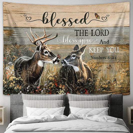 Deer Blessed the Lord bless you and keep you Tapestry Wall Art - Bible Verse Tapestry - Religious Tapestry Wall Hanging