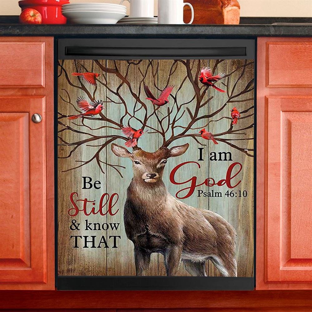 Deer Cardinal Be Still And Know That I Am God Dishwasher Cover, Bible Verse Dishwasher Magnet Cover, Christian Inspirational Kitchen Decor