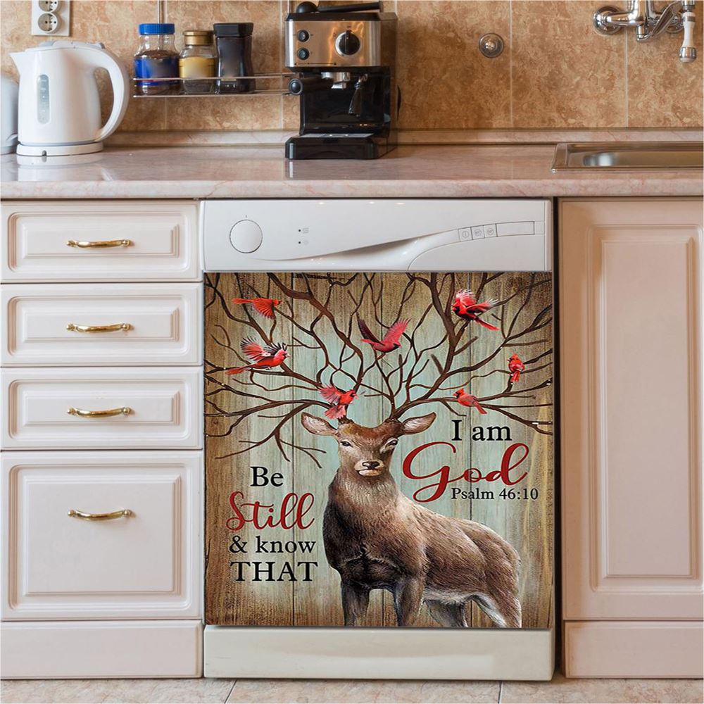 Deer Cardinal Be Still And Know That I Am God Dishwasher Cover, Bible Verse Dishwasher Magnet Cover, Christian Inspirational Kitchen Decor