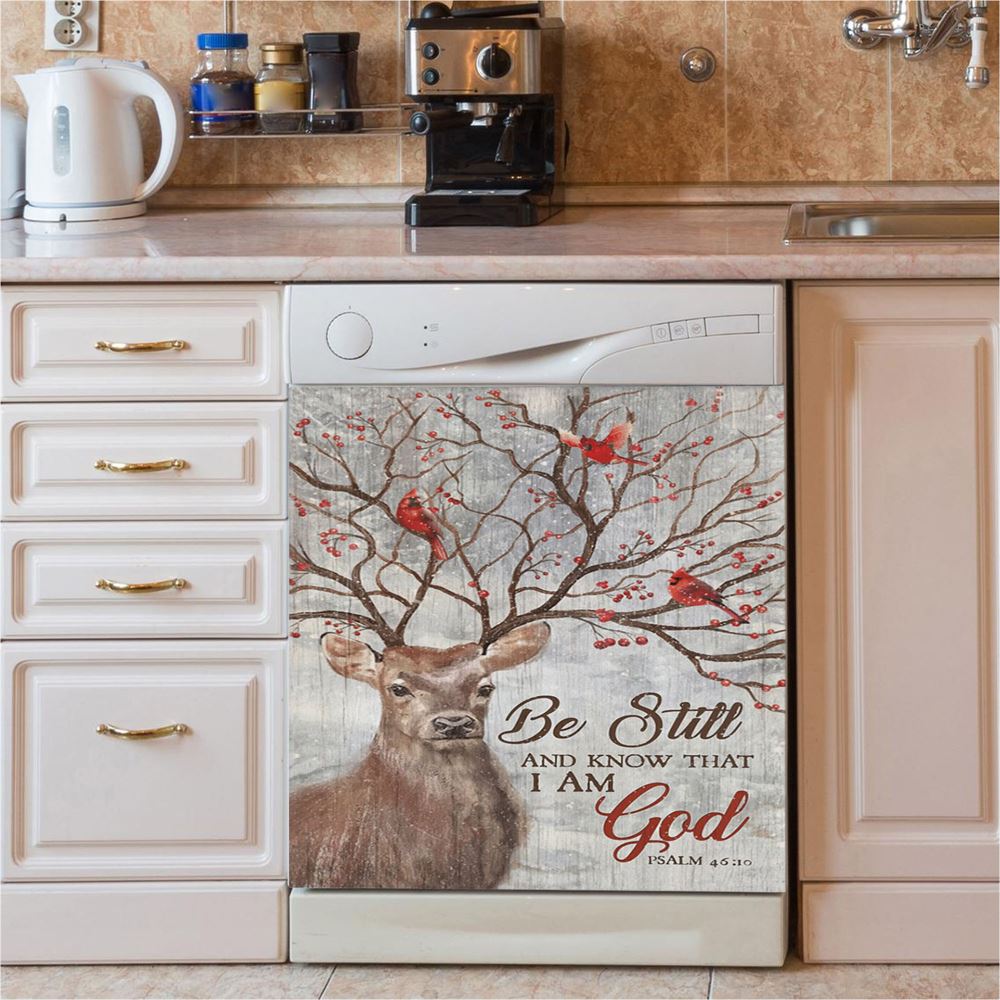 Deer Cardinal Be Still And Know That I Am God Dishwasher Cover, Christian Dishwasher Magnet Cover, Religious Kitchen Decor