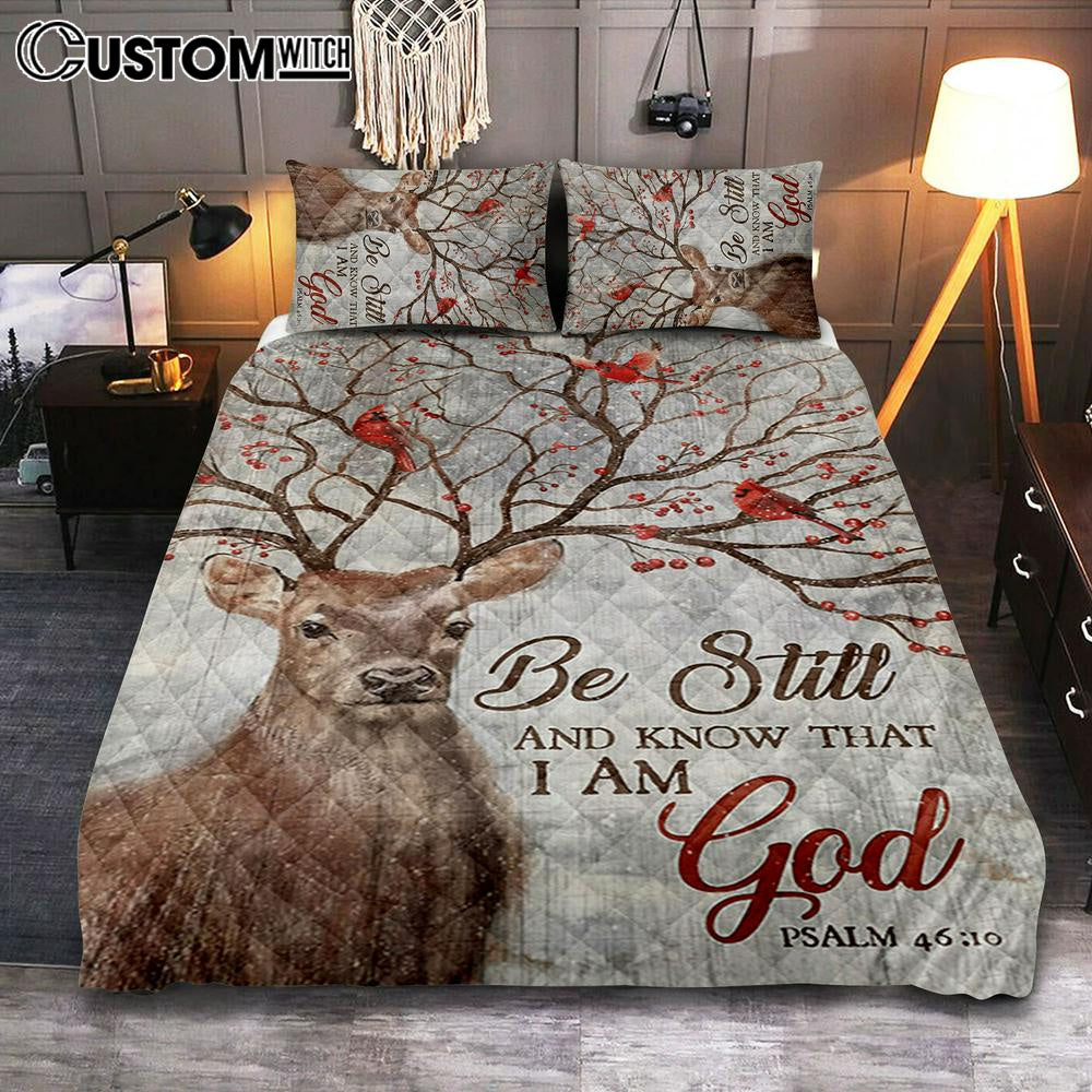 Deer Cardinal Be Still And Know That I Am God Quilt Bedding Set Bedroom - Christian Bedroom Decor - Religious Quilt Bedding Set Prints
