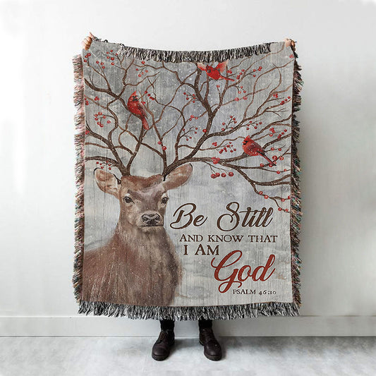 Deer Cardinal Be Still And Know That I Am God Woven Throw Blanket - Christian Throw Blanket Decor - Religious Woven Blanket Prints