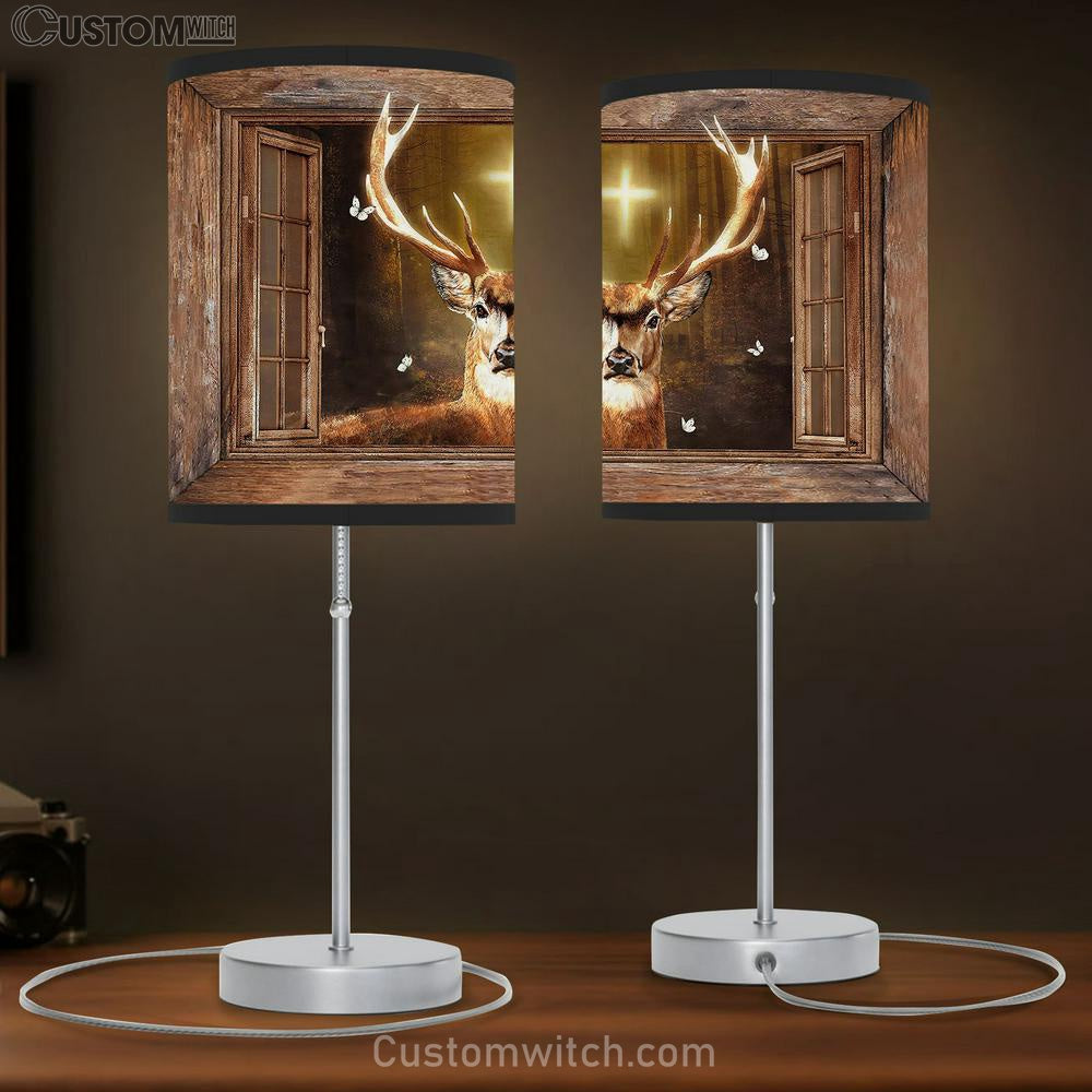 Deer Cross Light Window Frame In The Forest White Butterfly Table Lamb Gift - Bible Verse Table Lamb - Religious Bedroom Decor
