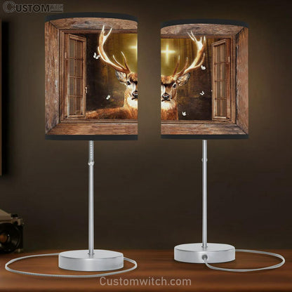 Deer Cross Light Window Frame In The Forest White Butterfly Table Lamb Gift - Bible Verse Table Lamb - Religious Bedroom Decor