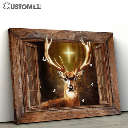 Deer Cross Light Window Frame In The Forest White Butterfly Canvas Wall Art - Bible Verse Canvas - Religious Prints