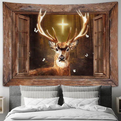 Deer Cross Light Window Frame In The Forest White Butterfly Tapestry Wall Art - Bible Verse Tapestry - Religious Tapestry Wall Hanging