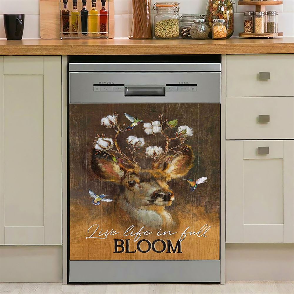 Deer Flower Crown Hummingbird Live Life In Full Bloom Dishwasher Cover, Christian Dishwasher Magnet Cover, Bible Verse Kitchen Decor