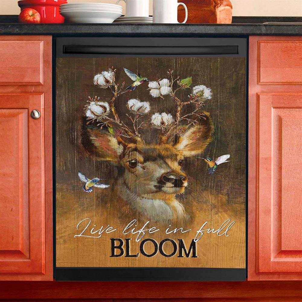 Deer Flower Crown Hummingbird Live Life In Full Bloom Dishwasher Cover, Christian Dishwasher Magnet Cover, Bible Verse Kitchen Decor