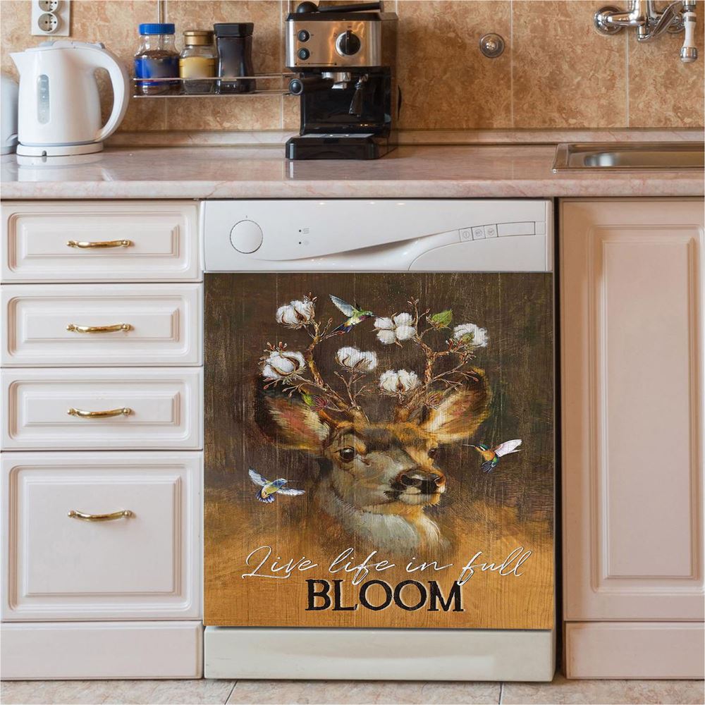 Deer Flower Crown Hummingbird Live Life In Full Bloom Dishwasher Cover, Christian Dishwasher Magnet Cover, Bible Verse Kitchen Decor