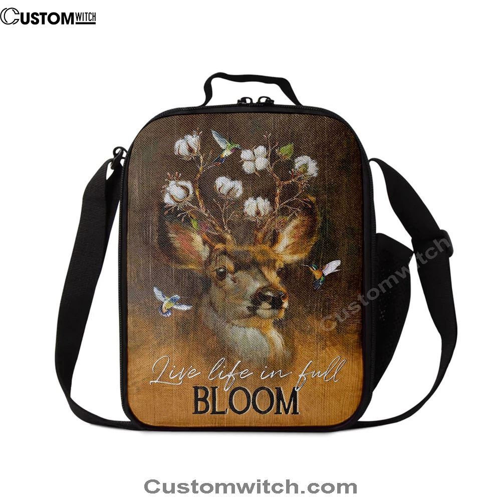Deer Flower Crown Hummingbird Live Life In Full Bloom Lunch Bag, Christian Lunch Bag For School, Picnic, Religious Lunch Bag