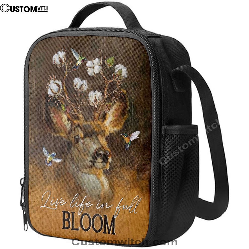 Deer Flower Crown Hummingbird Live Life In Full Bloom Lunch Bag, Christian Lunch Bag For School, Picnic, Religious Lunch Bag