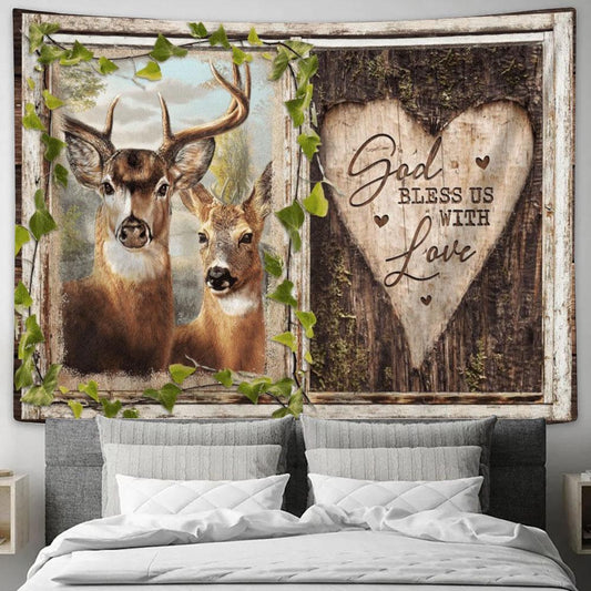 Deer Heart Shape Wood Carving God Bless Us With Love Tapestry, Tapestries for Living Room Bedroom
