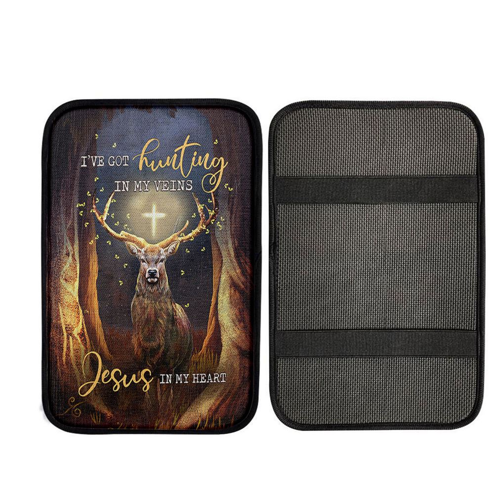 Deer I Got Hunting In My Veins Jesus In My Heart Car Center Console Cover, Christian Car Accessories