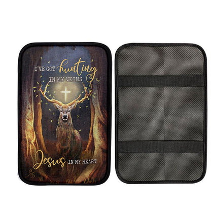 Deer I Got Hunting In My Veins Jesus In My Heart Car Center Console Cover, Christian Car Accessories