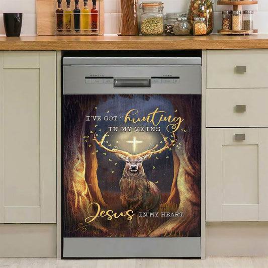 Deer I Got Hunting In My Veins Jesus In My Heart Dishwasher Cover, Bible Verse Dishwasher Magnet Cover, Christian Inspirational Kitchen Decor