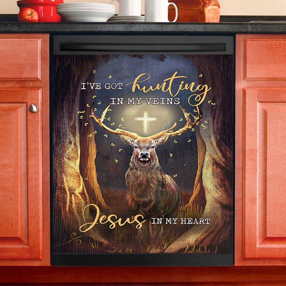 Deer I Got Hunting In My Veins Jesus In My Heart Dishwasher Cover, Bible Verse Dishwasher Magnet Cover, Christian Inspirational Kitchen Decor