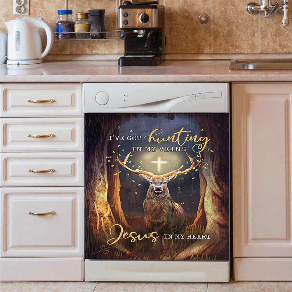 Deer I Got Hunting In My Veins Jesus In My Heart Dishwasher Cover, Bible Verse Dishwasher Magnet Cover, Christian Inspirational Kitchen Decor