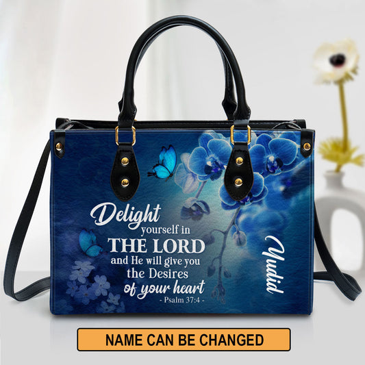Delight Yourself In The Lord Psalm 37 4 Blue Orchids And Lilac Leather Bag, Personalized Leather Bible Handbag, Christian Gifts For Women