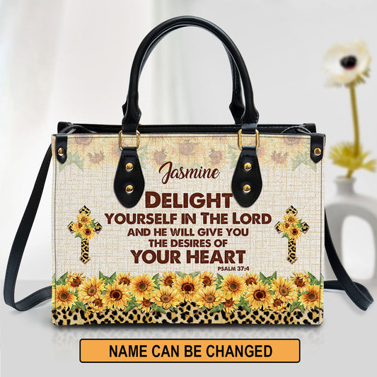 Delight Yourself In The Lord Psalm 37 4 Sunflower And Cross Leather Bag, Personalized Leather Bible Handbag, Christian Gifts For Women