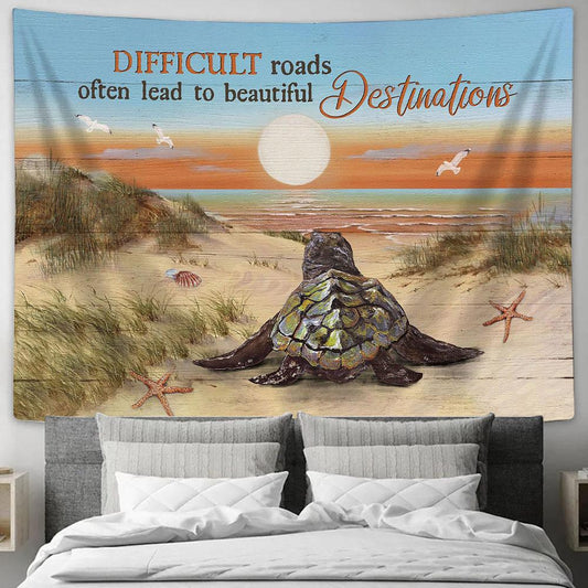 Destinations Baby Turtle Sunrise Ocean Sand Beach Tapestry Wall Art - Bible Verse Tapestry - Religious Tapestry Wall Hanging