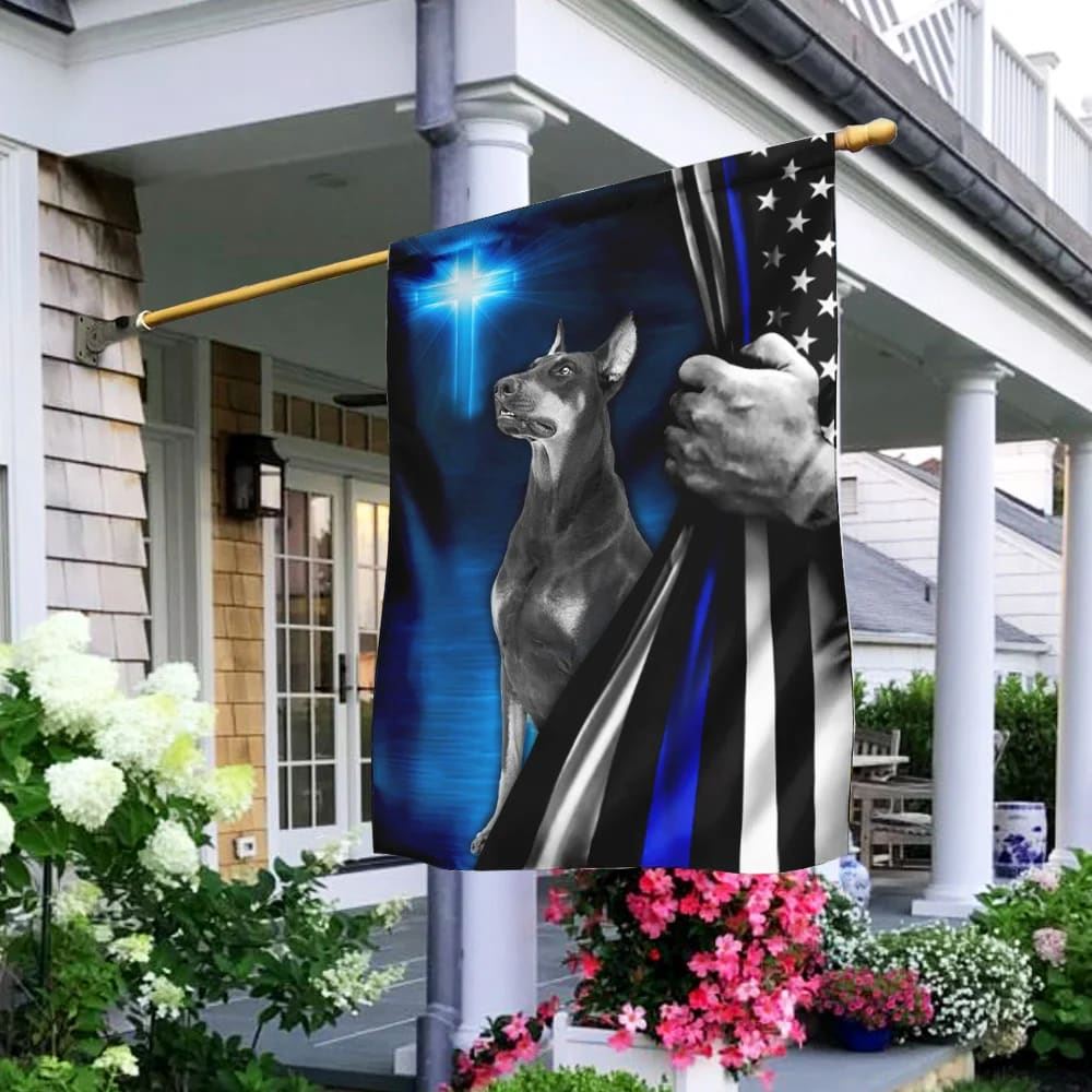 Dobermann Police Dog Thin Blue Line Christian Cross Flag, Outdoor Christian House Flag, Christian Flag, Scripture Flag, Garden Banner