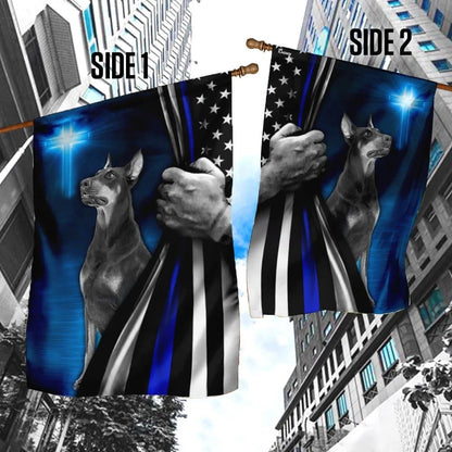 Dobermann Police Dog Thin Blue Line Christian Cross Flag, Outdoor Christian House Flag, Christian Flag, Scripture Flag, Garden Banner