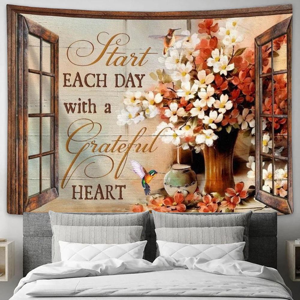 Dogwood Flower, Hummingbirds, Start Each Day With A Grateful Heart Tapestry, Tapestries for Living Room Bedroom