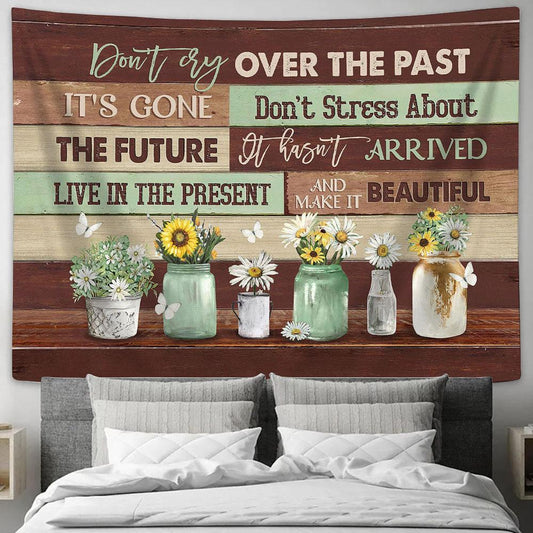 Don't Cry Over The Past Baby Sunflower Daisy White Butterfly Tapestry Wall Art - Bible Verse Tapestry - Religious Tapestry Wall Hanging