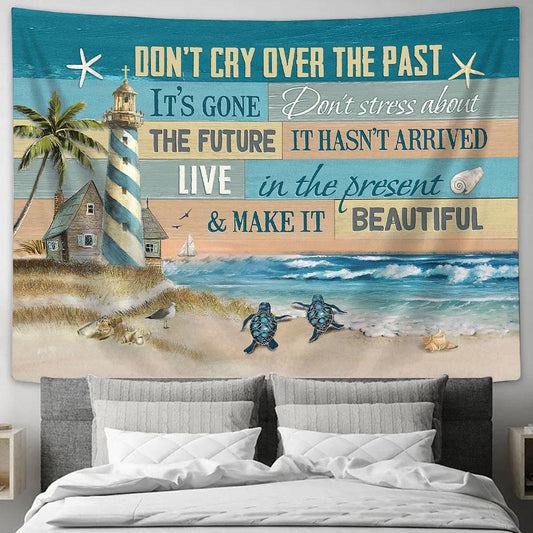 Don't Cry Over The Past Pretty Lighthouse Sea Turtle Tapestry Wall Art - Bible Verse Tapestry - Religious Tapestry Wall Hanging