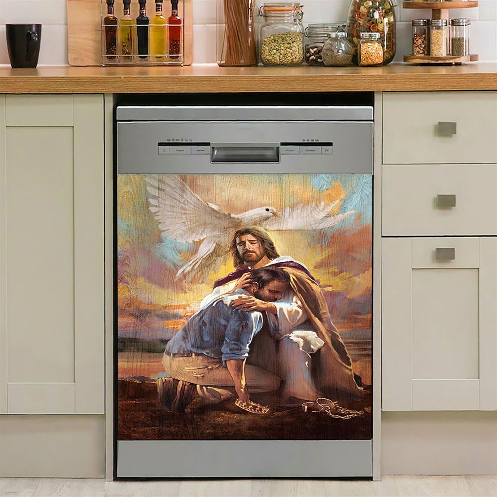 Dove Of Peace Sheltered In The Arms Of God Dishwasher Cover, Bible Verse Dishwasher Magnet Cover, Christian Inspirational Kitchen Decor
