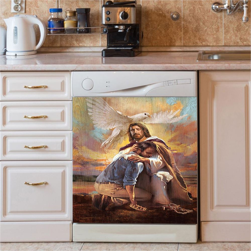 Dove Of Peace Sheltered In The Arms Of God Dishwasher Cover, Bible Verse Dishwasher Magnet Cover, Christian Inspirational Kitchen Decor