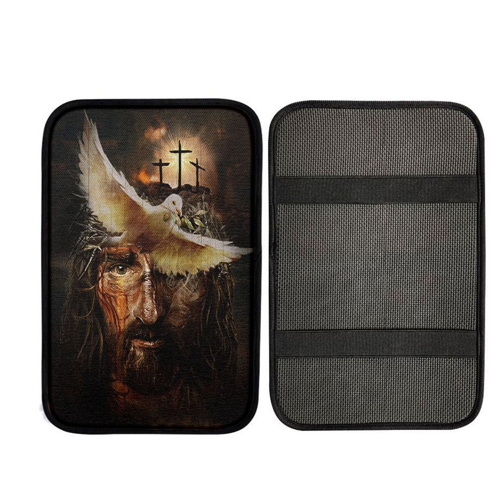 Dove With Olive Branch Three Wooden Crosses Jesus Car Center Console Cover, Christian Car Accessories