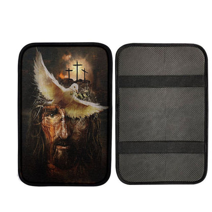 Dove With Olive Branch Three Wooden Crosses Jesus Car Center Console Cover, Christian Car Accessories