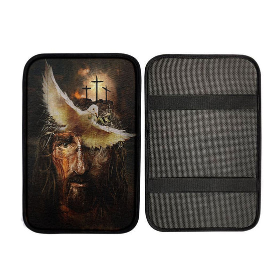Dove With Olive Branch Three Wooden Crosses Jesus Car Center Console Cover, Christian Car Accessories