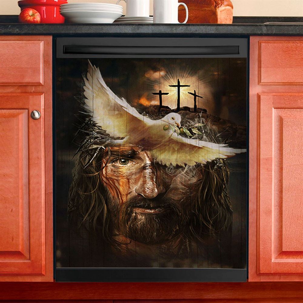 Dove With Olive Branch Three Wooden Crosses Jesus Dishwasher Cover, Christian Dishwasher Magnet Cover, Bible Verse Kitchen Decor