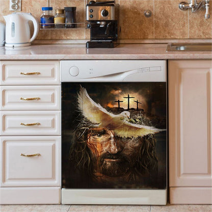 Dove With Olive Branch Three Wooden Crosses Jesus Dishwasher Cover, Christian Dishwasher Magnet Cover, Bible Verse Kitchen Decor