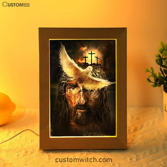 Dove With Olive Branch Three Wooden Crosses Jesus Frame Lamp Art - Christian Night Light - Bible Verse Wooden Lamp