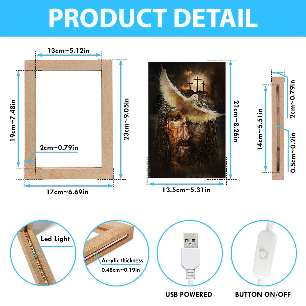 Dove With Olive Branch Three Wooden Crosses Jesus Frame Lamp Art - Christian Night Light - Bible Verse Wooden Lamp