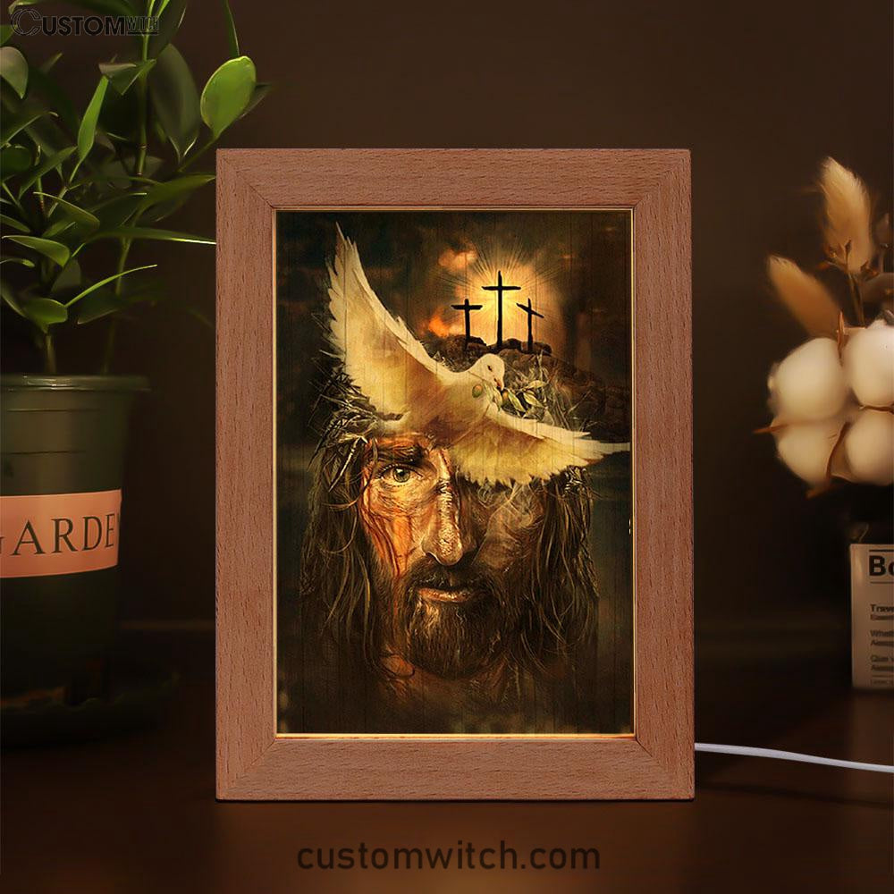 Dove With Olive Branch Three Wooden Crosses Jesus Frame Lamp Art - Christian Night Light - Bible Verse Wooden Lamp
