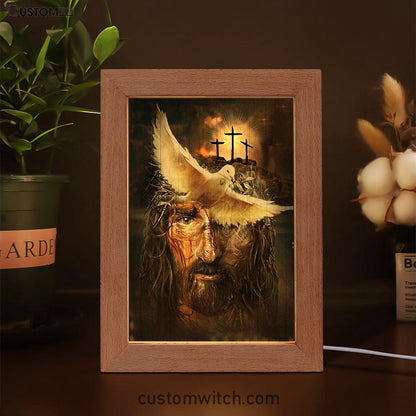 Dove With Olive Branch Three Wooden Crosses Jesus Frame Lamp Art - Christian Night Light - Bible Verse Wooden Lamp