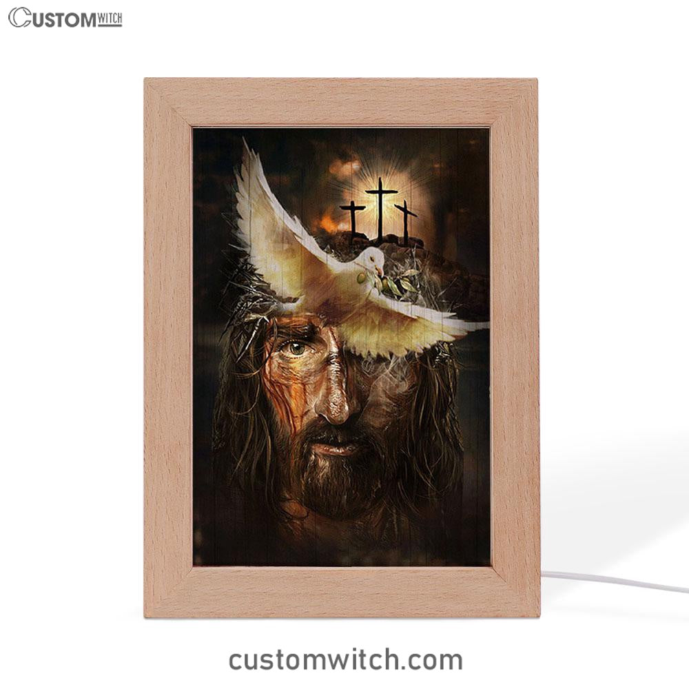 Dove With Olive Branch Three Wooden Crosses Jesus Frame Lamp Art - Christian Night Light - Bible Verse Wooden Lamp