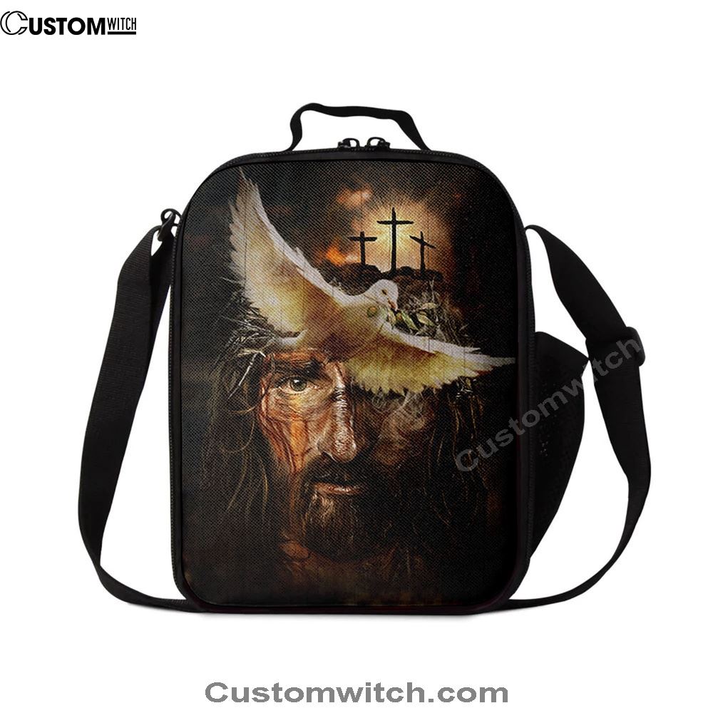 Dove With Olive Branch Three Wooden Crosses Jesus Lunch Bag, Christian Lunch Bag For School, Picnic, Religious Lunch Bag