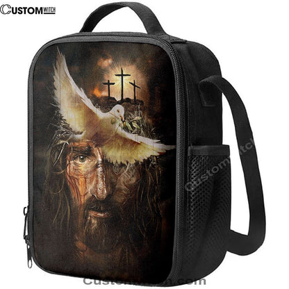 Dove With Olive Branch Three Wooden Crosses Jesus Lunch Bag, Christian Lunch Bag For School, Picnic, Religious Lunch Bag