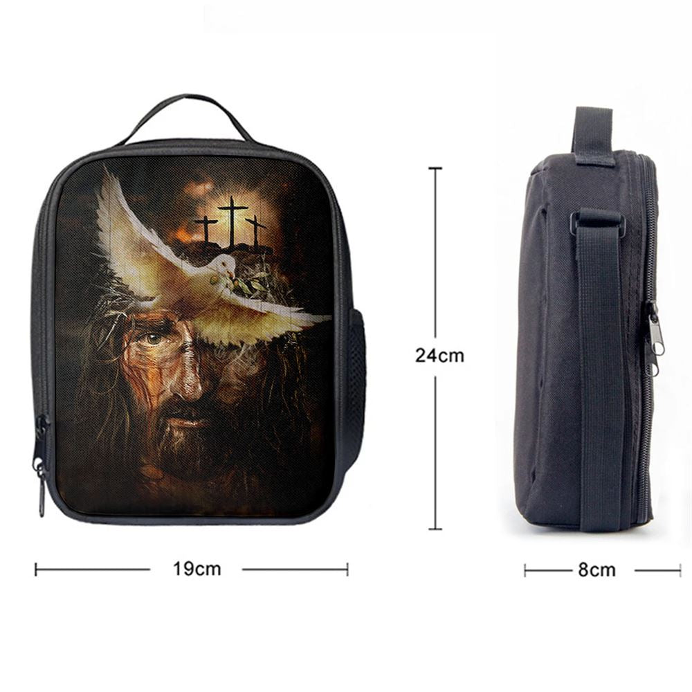 Dove With Olive Branch Three Wooden Crosses Jesus Lunch Bag, Christian Lunch Bag For School, Picnic, Religious Lunch Bag