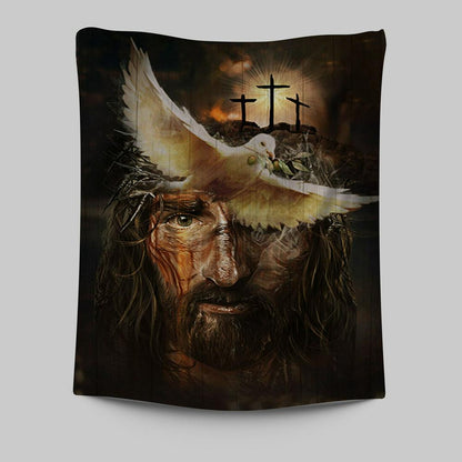 Dove With Olive Branch Three Wooden Crosses Jesus Tapestry Wall Art - Christian Tapestries Prints - Bible Verse Tapestry Art