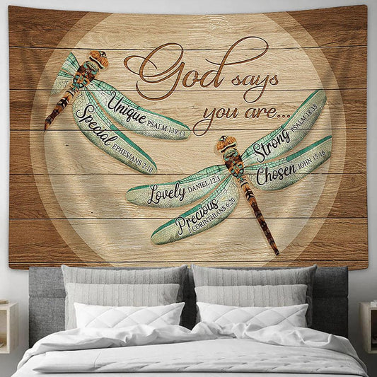 Dragonfly God says you are Tapestry Wall Art - Bible Verse Tapestry - Religious Tapestry Wall Hanging