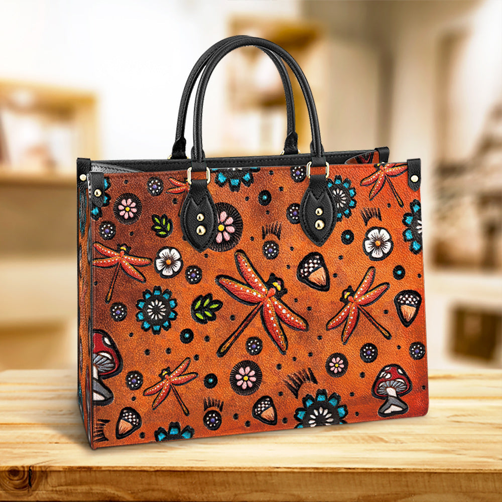 Dragonfly Mushrooms Flowers Pattern Style Leather Bag, Gifts Dragonfly Lovers, Women's Pu Leather Bag