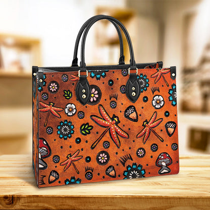 Dragonfly Mushrooms Flowers Pattern Style Leather Bag, Gifts Dragonfly Lovers, Women's Pu Leather Bag