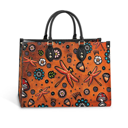 Dragonfly Mushrooms Flowers Pattern Style Leather Bag, Gifts Dragonfly Lovers, Women's Pu Leather Bag